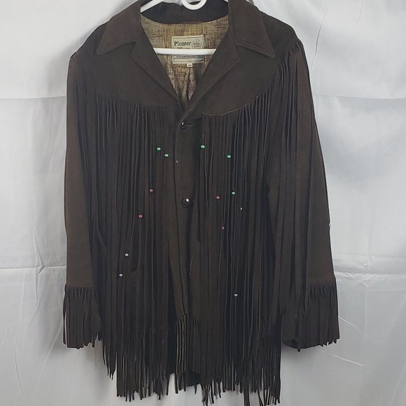 Pioneer Wear Men’s Size 40 Medium Vtg 70’s Leather Suede Fringe Jacket w/ Beads - Picture 1 of 5